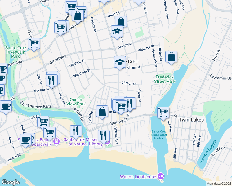 map of restaurants, bars, coffee shops, grocery stores, and more near 721 Seabright Avenue in Santa Cruz
