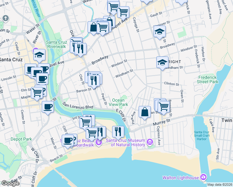 map of restaurants, bars, coffee shops, grocery stores, and more near in Santa Cruz