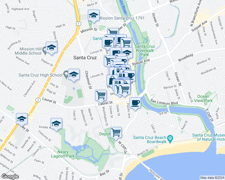 map of restaurants, bars, coffee shops, grocery stores, and more near 418A Cedar Street in Santa Cruz