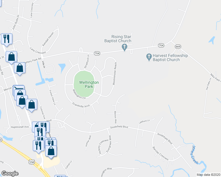 map of restaurants, bars, coffee shops, grocery stores, and more near 613 Westminster Reach in Smithfield