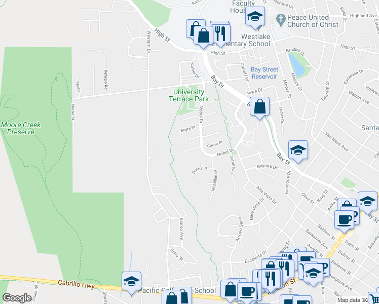 map of restaurants, bars, coffee shops, grocery stores, and more near 227 Calvin Place in Santa Cruz