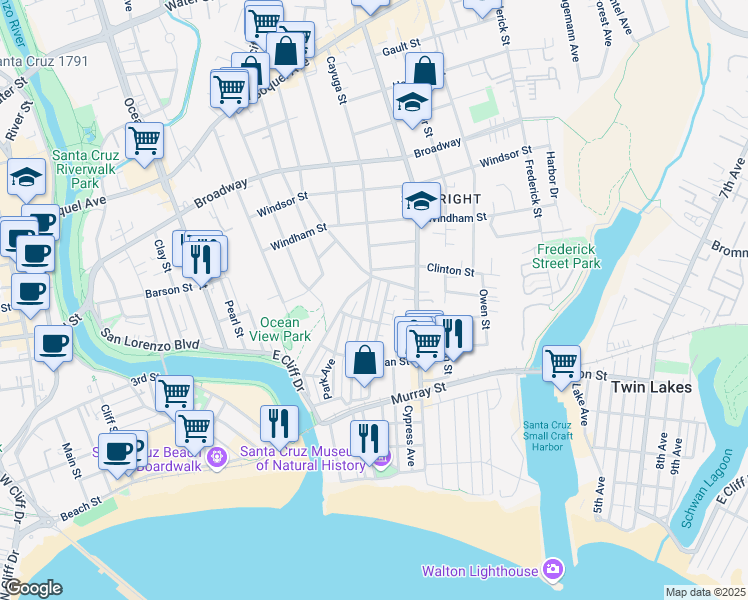 map of restaurants, bars, coffee shops, grocery stores, and more near 322 Cayuga Street in Santa Cruz