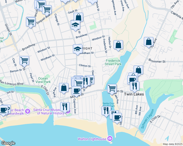 map of restaurants, bars, coffee shops, grocery stores, and more near 315 Owen St in Santa Cruz