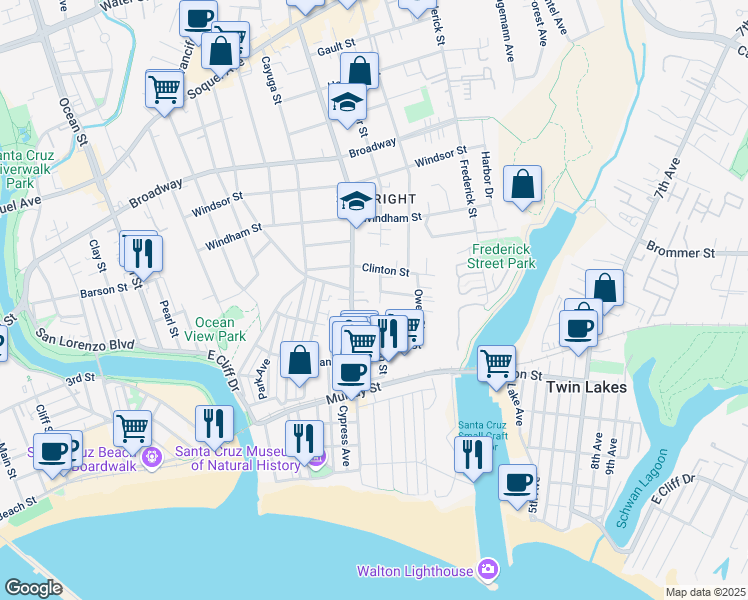 map of restaurants, bars, coffee shops, grocery stores, and more near 317 Sumner Street in Santa Cruz