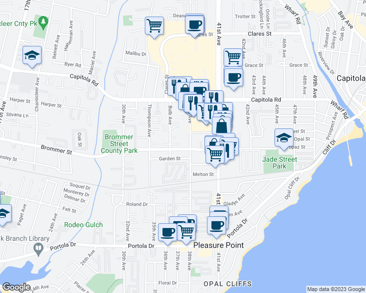 map of restaurants, bars, coffee shops, grocery stores, and more near 1371 38th Avenue in Santa Cruz