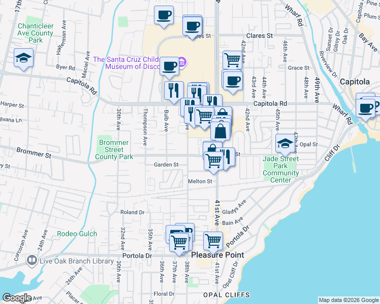 map of restaurants, bars, coffee shops, grocery stores, and more near 3827 Brommer Street in Santa Cruz