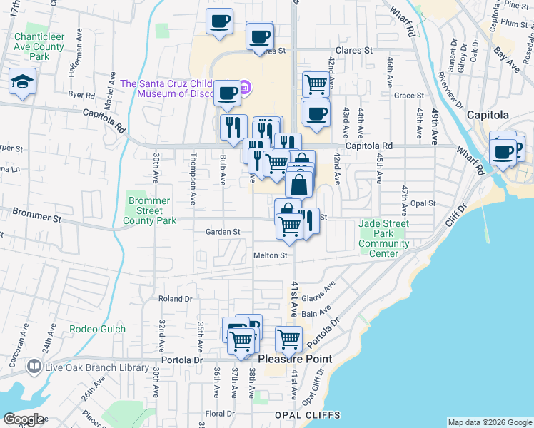 map of restaurants, bars, coffee shops, grocery stores, and more near 3827 Brommer Street in Santa Cruz