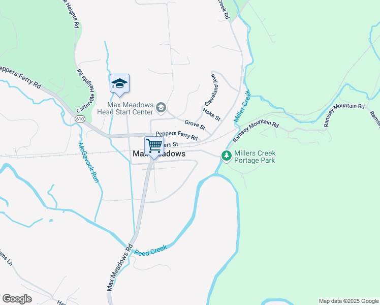 map of restaurants, bars, coffee shops, grocery stores, and more near 1355 Ramsey Mountain Road in Max Meadows
