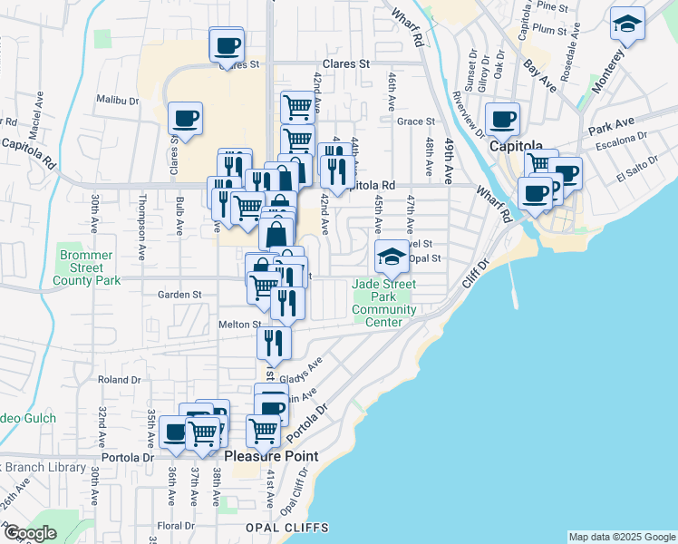 map of restaurants, bars, coffee shops, grocery stores, and more near 4255 Jade Street in Capitola