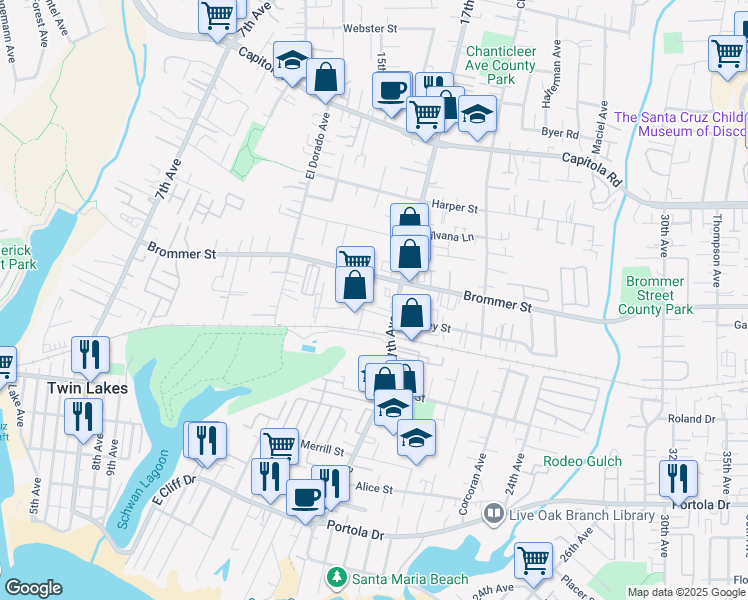 map of restaurants, bars, coffee shops, grocery stores, and more near 1037 17th Avenue in Santa Cruz