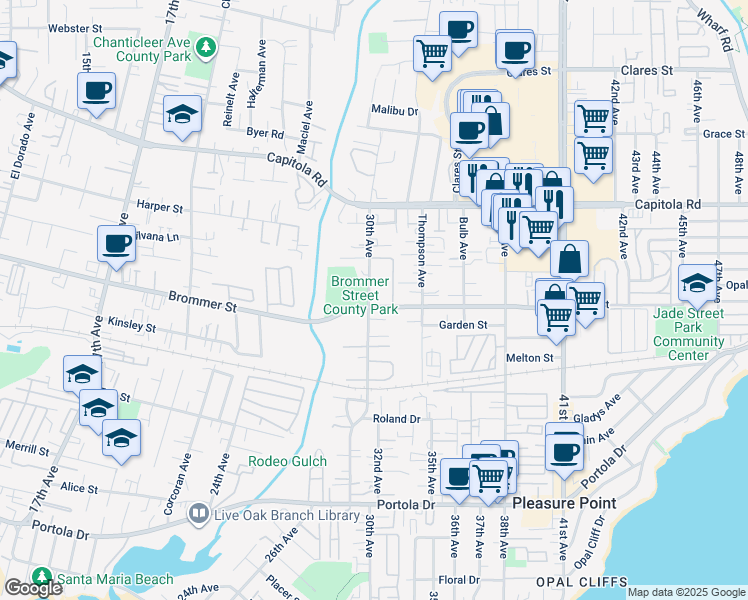 map of restaurants, bars, coffee shops, grocery stores, and more near 1360 30th Avenue in Santa Cruz