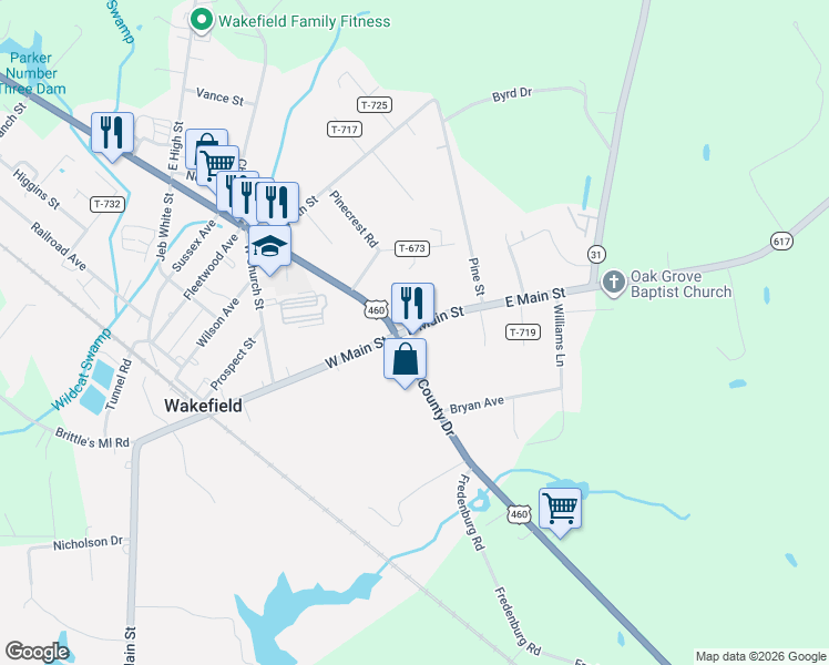 map of restaurants, bars, coffee shops, grocery stores, and more near 109 East Main Street in Wakefield