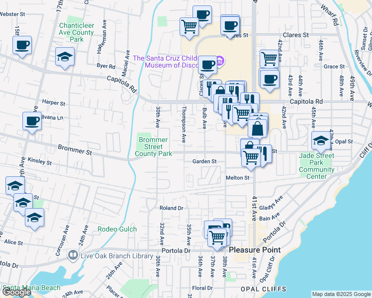 map of restaurants, bars, coffee shops, grocery stores, and more near 3300 Margie's Way in Santa Cruz