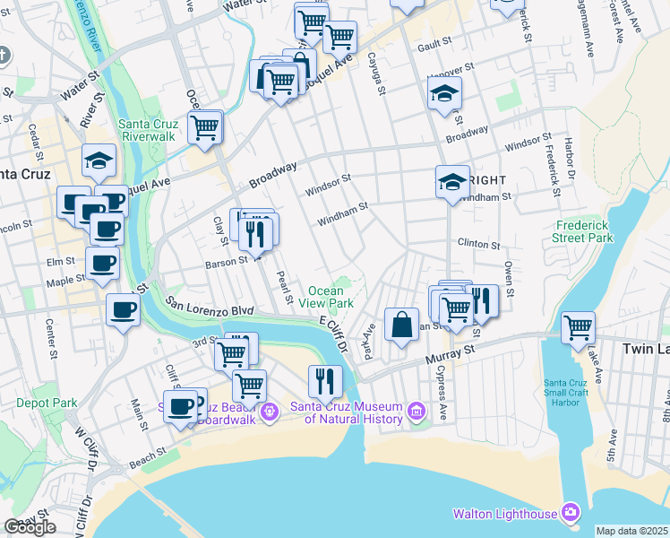 map of restaurants, bars, coffee shops, grocery stores, and more near 202-1/2 Ocean View Avenue in Santa Cruz