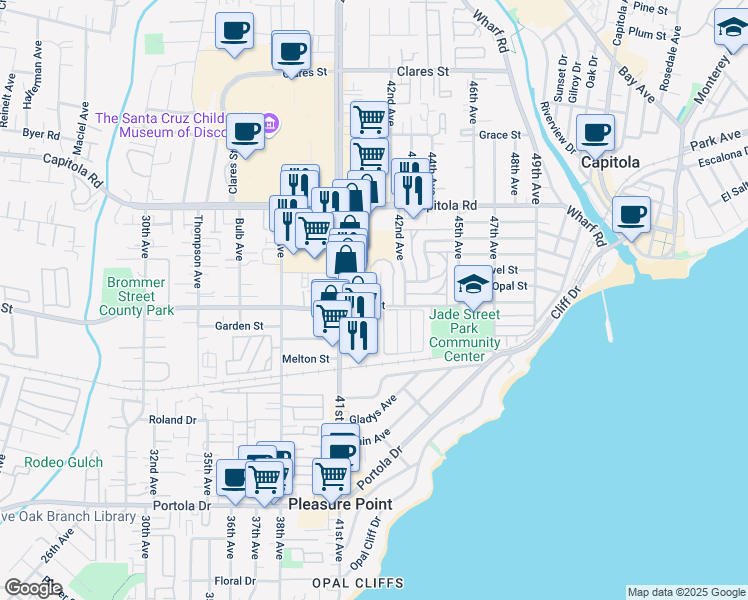 map of restaurants, bars, coffee shops, grocery stores, and more near 1355 Ruby Court in Capitola