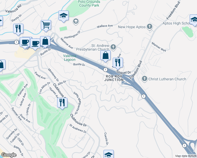 map of restaurants, bars, coffee shops, grocery stores, and more near 625 Encino Drive in Aptos