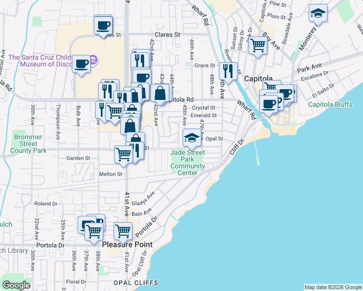 map of restaurants, bars, coffee shops, grocery stores, and more near 4455 Jade Street in Capitola