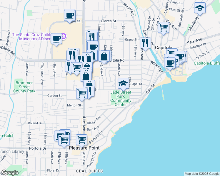 map of restaurants, bars, coffee shops, grocery stores, and more near 4455 Jade Street in Capitola