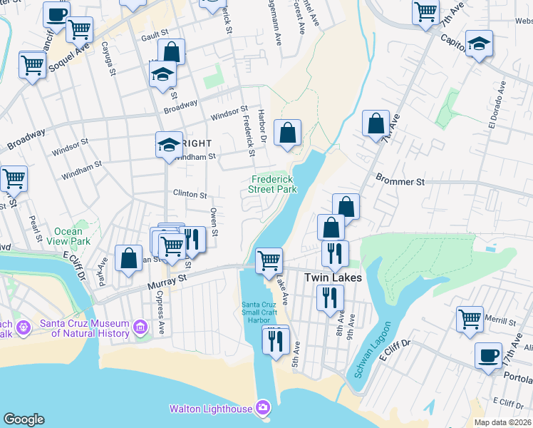 map of restaurants, bars, coffee shops, grocery stores, and more near 111 Frederick Street in Santa Cruz