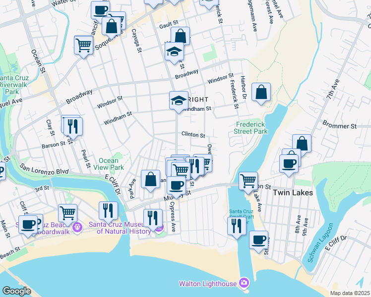 map of restaurants, bars, coffee shops, grocery stores, and more near 317 Sumner Street in Santa Cruz