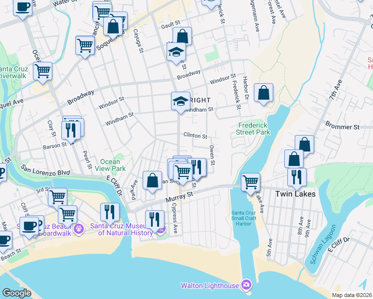 map of restaurants, bars, coffee shops, grocery stores, and more near 317 Sumner Street in Santa Cruz
