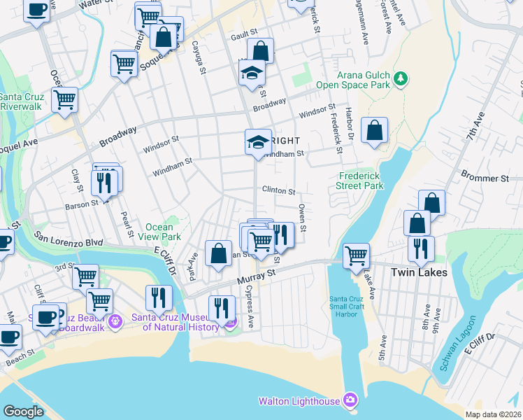 map of restaurants, bars, coffee shops, grocery stores, and more near 317 Sumner Street in Santa Cruz