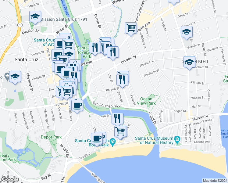 map of restaurants, bars, coffee shops, grocery stores, and more near 145 Canfield Avenue in Santa Cruz