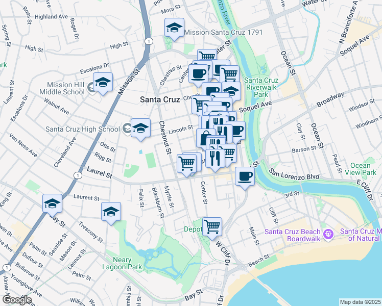 map of restaurants, bars, coffee shops, grocery stores, and more near 307 Elm Street in Santa Cruz