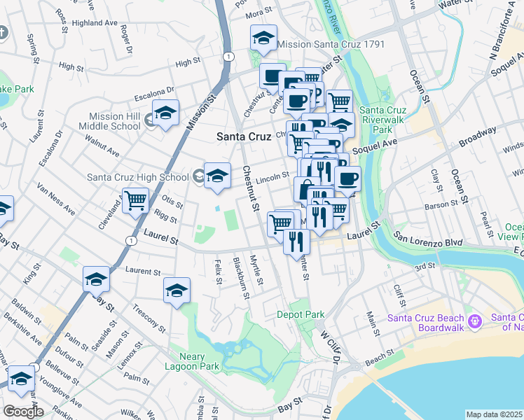 map of restaurants, bars, coffee shops, grocery stores, and more near 314 Chestnut Street in Santa Cruz
