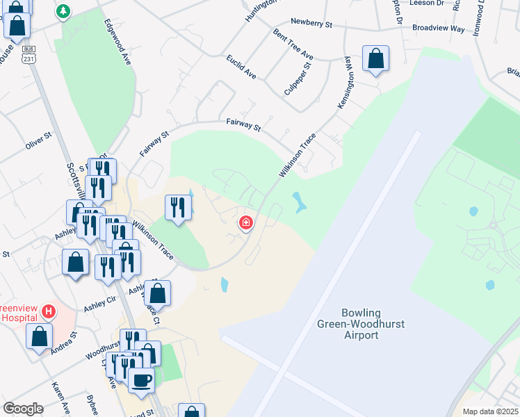 map of restaurants, bars, coffee shops, grocery stores, and more near 100-210 Legends Drive in Bowling Green