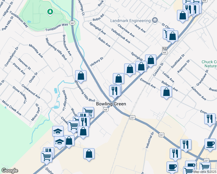 map of restaurants, bars, coffee shops, grocery stores, and more near 100-226 Veterans Memorial Lane in Bowling Green