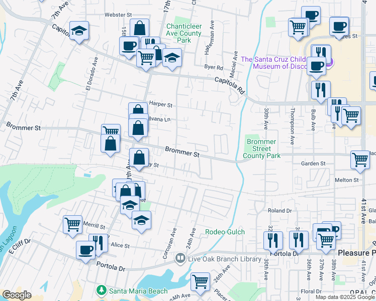 map of restaurants, bars, coffee shops, grocery stores, and more near 2255 Brommer Street in Santa Cruz