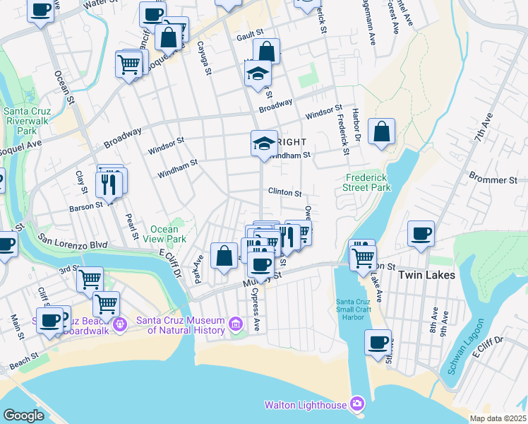 map of restaurants, bars, coffee shops, grocery stores, and more near 721 Seabright Avenue in Santa Cruz