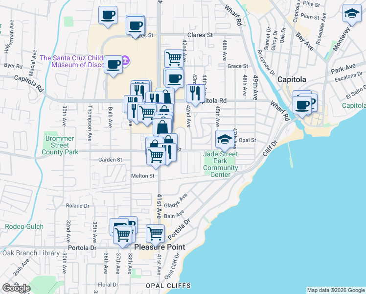 map of restaurants, bars, coffee shops, grocery stores, and more near 1355 Ruby Court in Capitola