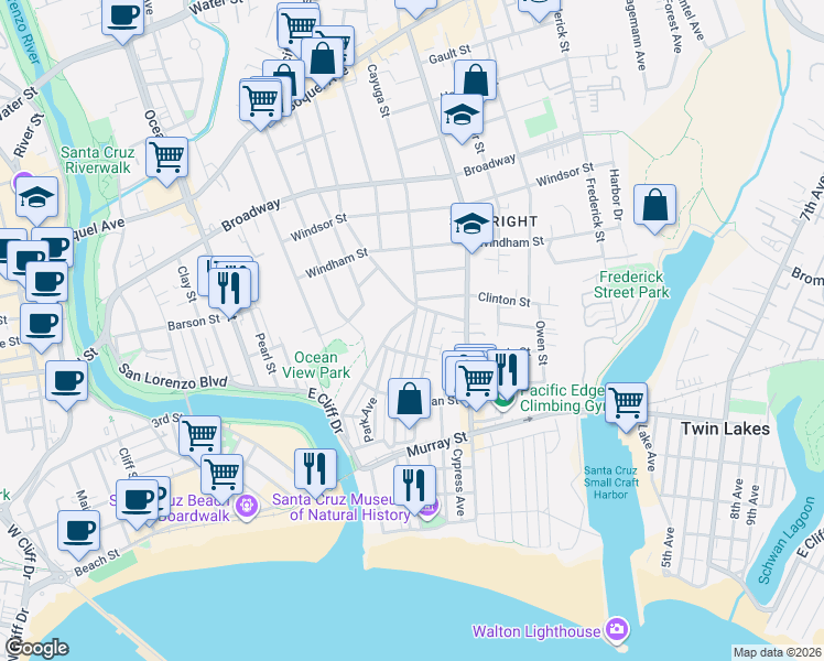 map of restaurants, bars, coffee shops, grocery stores, and more near 322 Cayuga Street in Santa Cruz