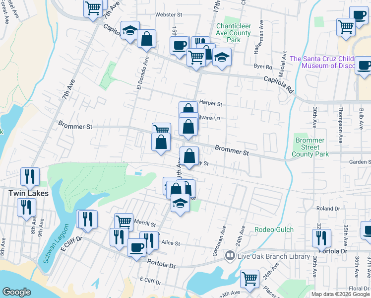 map of restaurants, bars, coffee shops, grocery stores, and more near 1140 17th Avenue in Santa Cruz