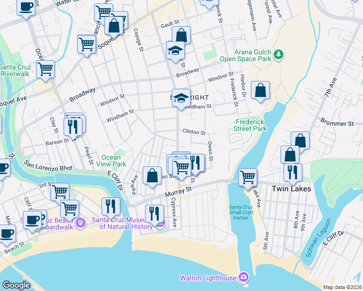 map of restaurants, bars, coffee shops, grocery stores, and more near 317 Sumner Street in Santa Cruz