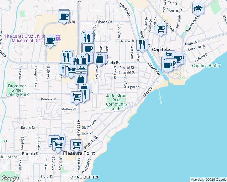 map of restaurants, bars, coffee shops, grocery stores, and more near 1355 45th Avenue in Capitola