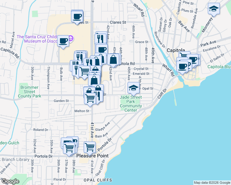map of restaurants, bars, coffee shops, grocery stores, and more near 4255 Jade Street in Capitola