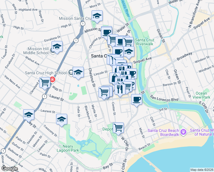 map of restaurants, bars, coffee shops, grocery stores, and more near 307 Elm Street in Santa Cruz