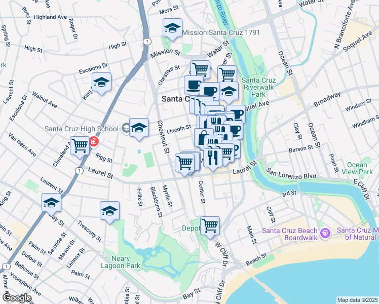 map of restaurants, bars, coffee shops, grocery stores, and more near 307 Elm Street in Santa Cruz