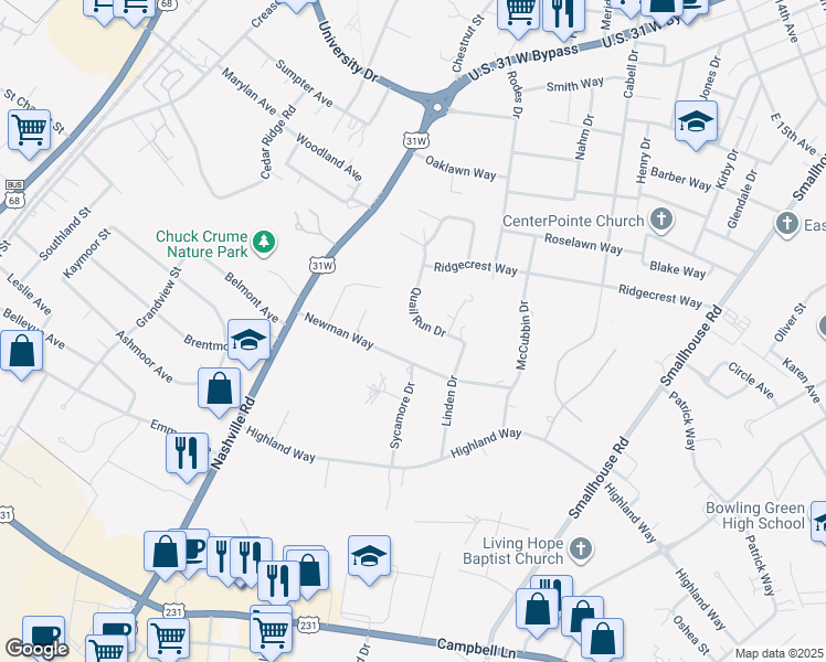 map of restaurants, bars, coffee shops, grocery stores, and more near 2072 Quail Run Drive in Bowling Green