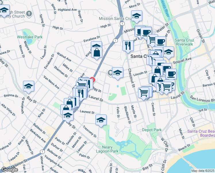 map of restaurants, bars, coffee shops, grocery stores, and more near 225 Weeks Avenue in Santa Cruz