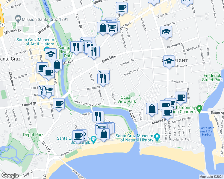 map of restaurants, bars, coffee shops, grocery stores, and more near 220 Pearl Street in Santa Cruz