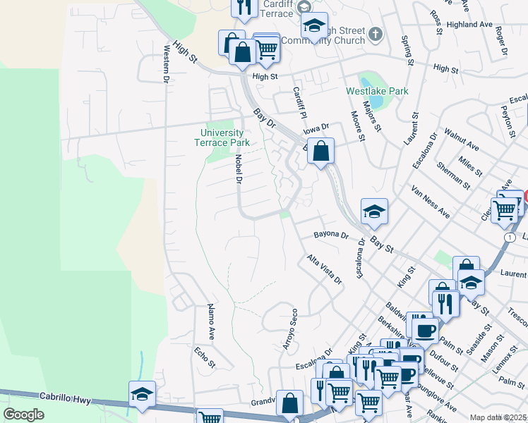 map of restaurants, bars, coffee shops, grocery stores, and more near 334 Nobel Drive in Santa Cruz