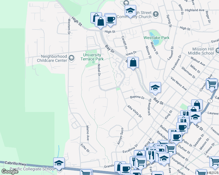 map of restaurants, bars, coffee shops, grocery stores, and more near 334 Nobel Drive in Santa Cruz