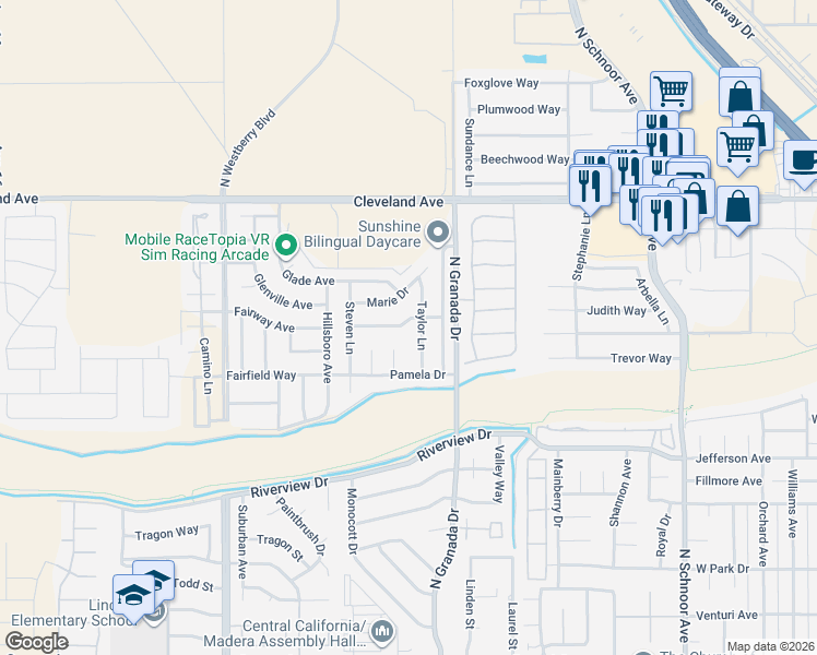 map of restaurants, bars, coffee shops, grocery stores, and more near 2632 Kimberly Drive in Madera