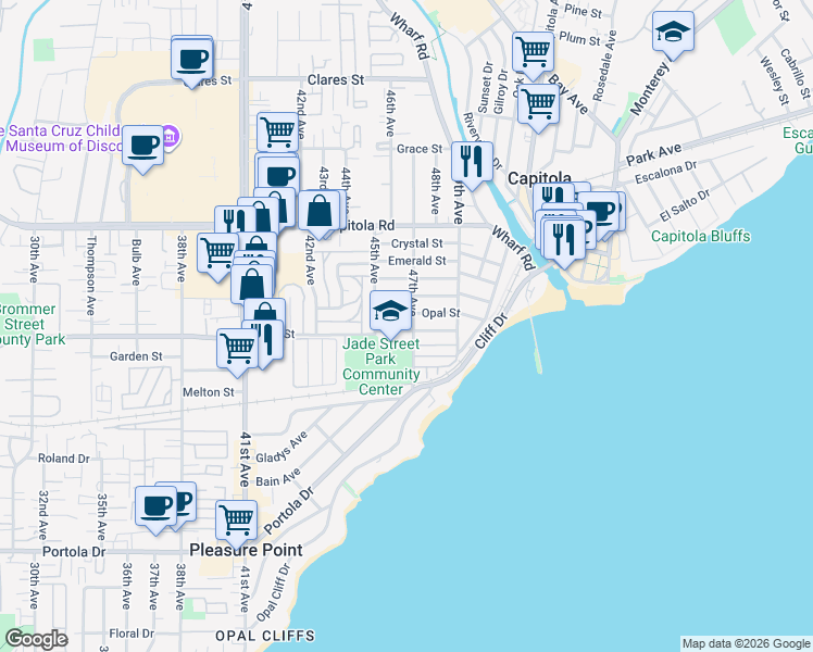 map of restaurants, bars, coffee shops, grocery stores, and more near 4675 Topaz Street in Capitola