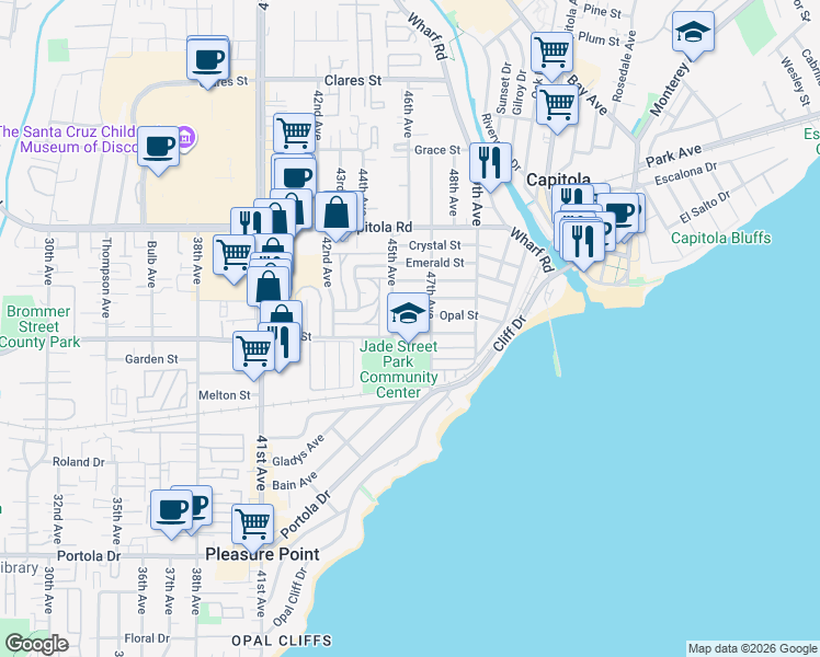 map of restaurants, bars, coffee shops, grocery stores, and more near 4595 Topaz Street in Capitola