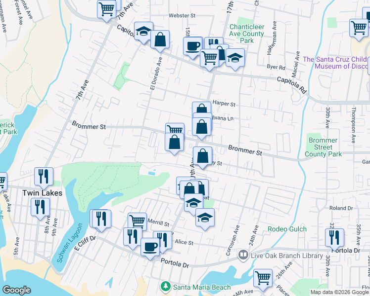 map of restaurants, bars, coffee shops, grocery stores, and more near 1037 17th Avenue in Santa Cruz